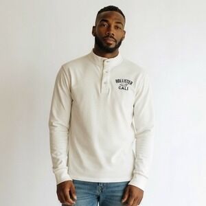 VTG y2k Hollister Mens‎ White Quarter Button Sweater Rugby Sweatshirt Preppy Med